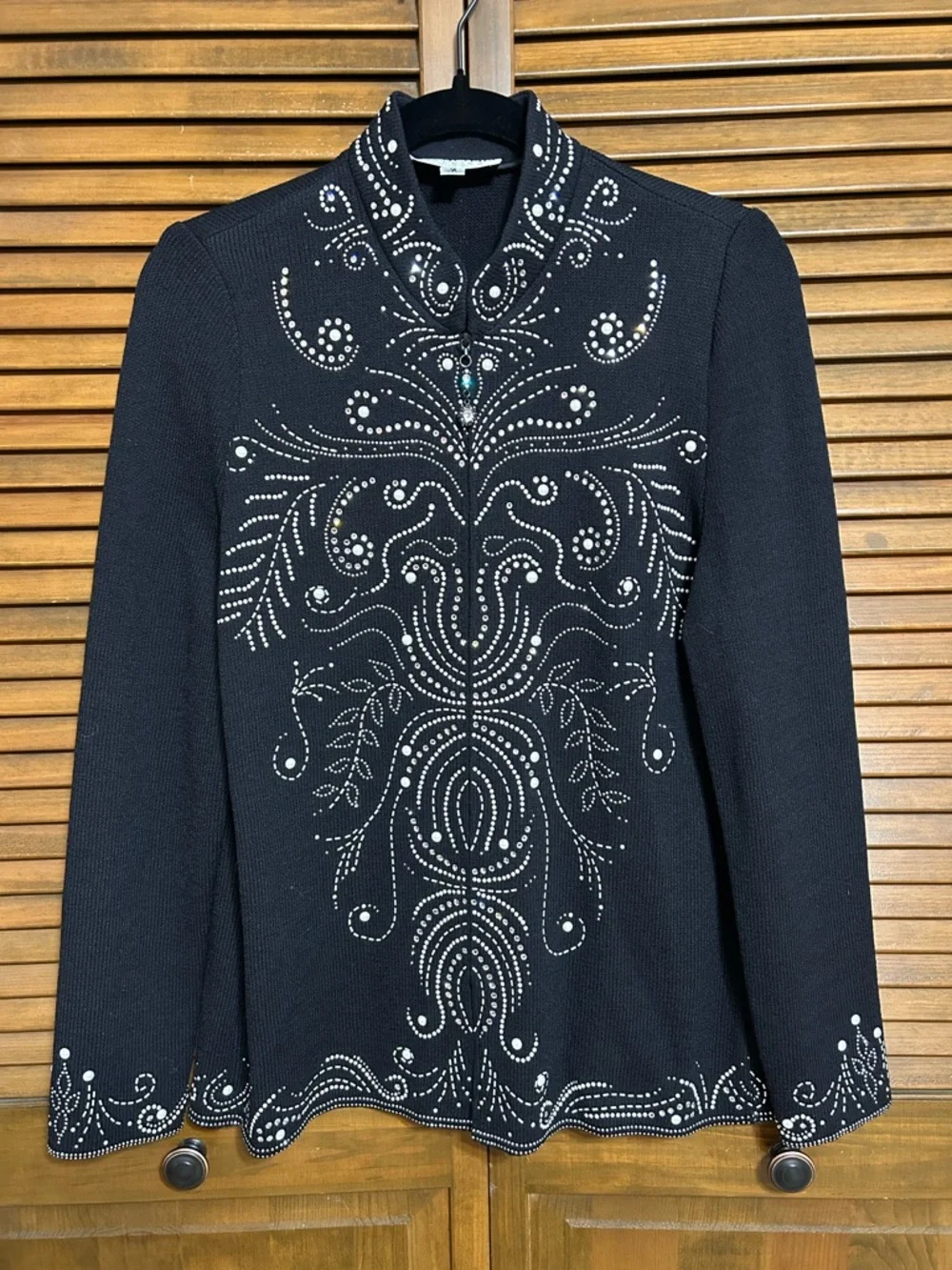 St. John Evening Black Pearl & Crystal Embellished Zip-up Knit Jacket Size 12 - Picture 9 of 11